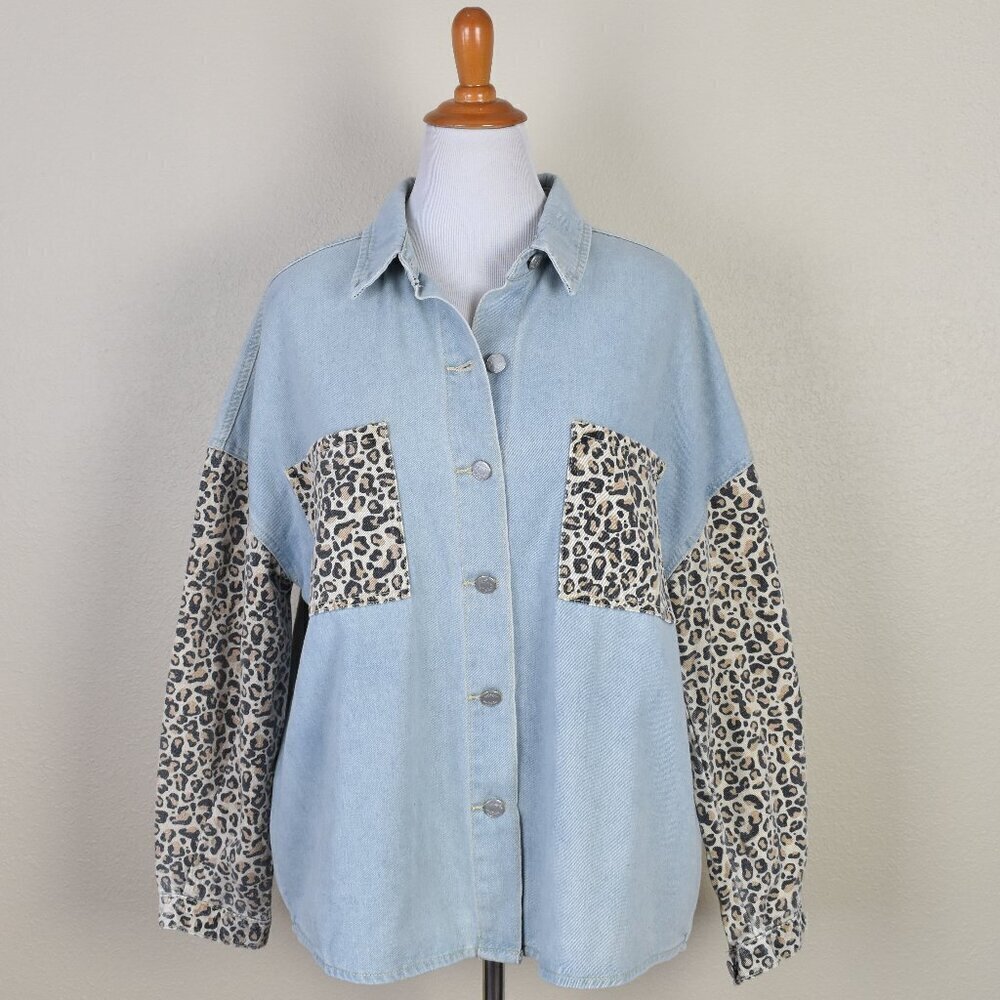 Mudpie Rhodes Shacket Denim and Leopard NEW M/L